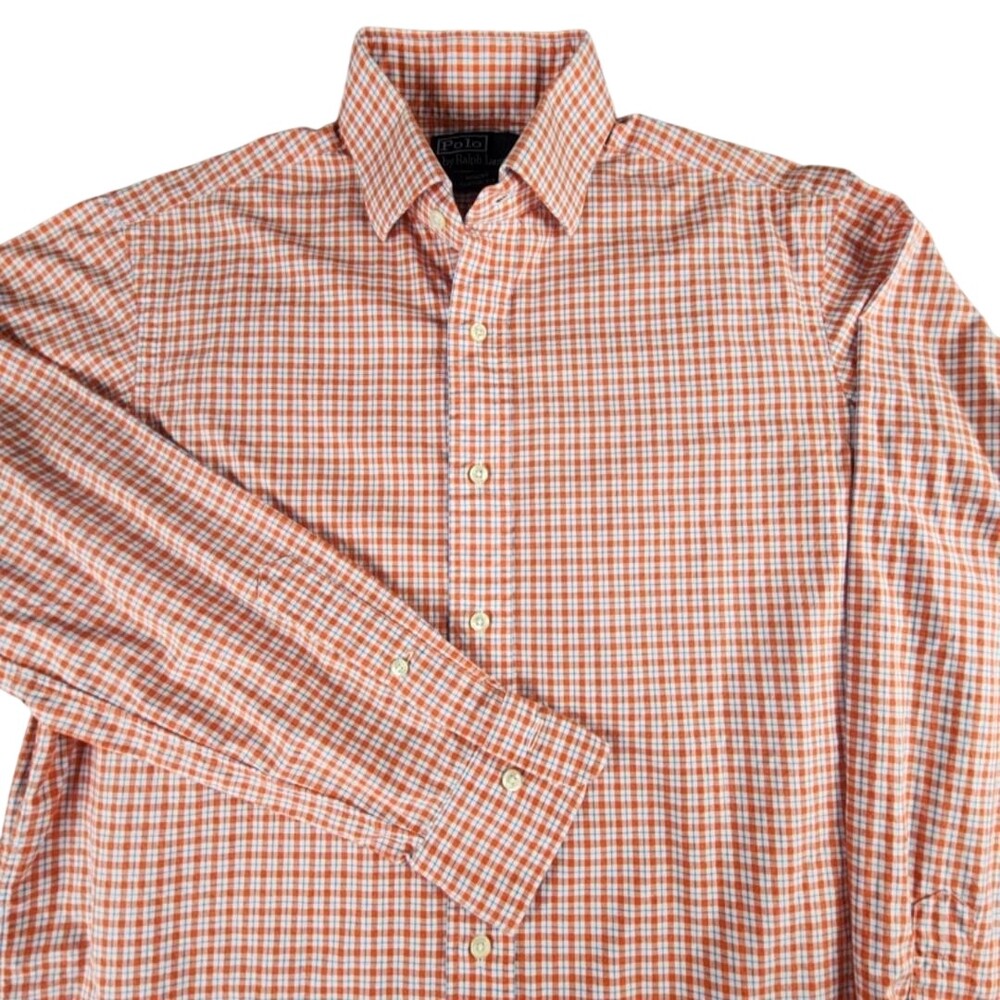 Polo By Ralph Lauren Dress Shirt Mens 15.5 34/35 Orange Gingham Long Sleeve